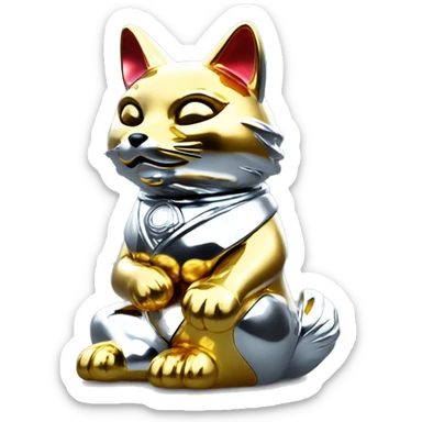 fully chrome fox statue in the form of maneki neko sticker