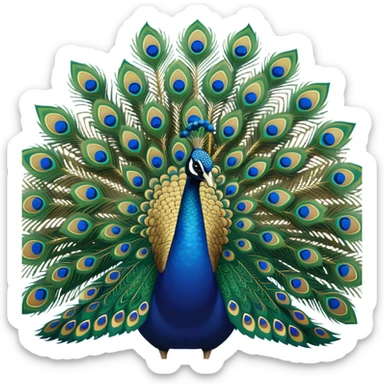 A colorful peacock with a large, fan-like tail displaying vibrant shades of blue, green, and gold. Its elegant feathers are spread in a beautiful display, showcasing intricate patterns sticker