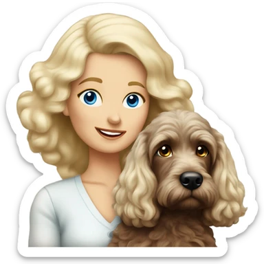 blue eyed very old long haired blonde lady with dark brown Cockapoo puppy dog sticker