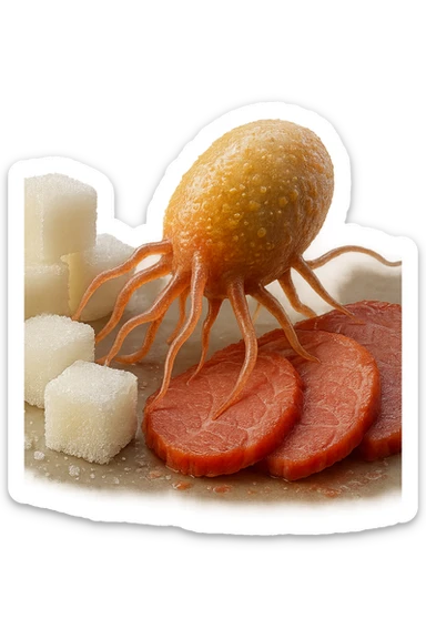 un batterio della candida si nutre di zollette di zuccheri e fettine di carne, IPERREALISTICO 4K sticker