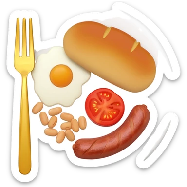 English breakfast full English breakfast with eggs, bacon, sausage, beans, toast, and tomato оn a beautiful white plate with a gold fork sticker
