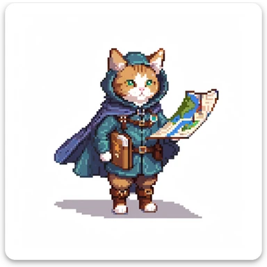 Cat explorer holding map, mountain landscape with stars, wearing explorer gear with cloak blowing in wind, gazing at horizon sticker