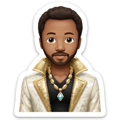 Maurice White from Earth Wind and Fire with dark brown hair, ivory sequin jacket, shirtless with necklace  sticker