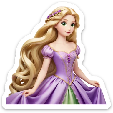 Cinematic Realistic Rapunzel Portrait, with porcelain-like skin featuring a subtle, natural glow, illuminated by soft lighting that brings out the gentle contours of her face. Her long, golden blonde hair cascades in detailed waves, each strand highlighted with a radiant shimmer as it catches the light. Her bright, expressive green eyes exude curiosity and warmth, framed by delicate lashes and soft, arched brows. Her expression is playful and vibrant, with a gentle smile. She is dressed in her classic lavender and pink gown, the fabric textured with delicate folds that flow naturally, catching the light with a soft, radiant glow. The portrait captures a luminous, enchanting aura, seamlessly blending realism with a whimsical, fairytale charm, evoking a timeless sense of beauty and magic. sticker