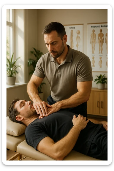 A realistic, cinematic illustration of a professional osteopath in his late 30s, wearing a fitted polo shirt in a neutral color, performing gentle manual manipulations on a patient to improve posture. The osteopath uses precise hand placement along the patient's upper back and cervical spine while the patient lies on a comfortable treatment table in a bright, modern clinic. Anatomical posters showing the spine and posture alignment are on the wall, and the room has warm, natural lighting with plants for a calming atmosphere. The scene emphasizes hands-on osteopathic care to restore body alignment, spinal mobility, and posture, showcasing trust, professionalism, and holistic care sticker