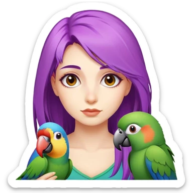 A girl with violet hai and a parrot sticker