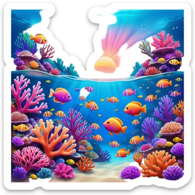 Cinematic Realistic Coral Reef Emoji in a wooden frame, Vibrant and alive, with colorful corals in hues of pink, purple, and orange, swaying gently with the underwater currents. Schools of tropical fish dart between the coral, with soft rays of sunlight piercing through the clear blue water above, creating a magical, serene underwater world. Soft glowing outline, capturing the essence of the bustling, colorful, and peaceful aquatic paradise. sticker