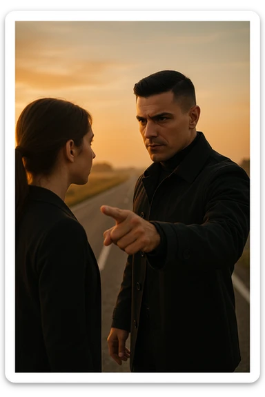 Cinematic photo of a confident man giving clear direction to a woman, standing in front of her with a firm but calm expression, pointing forward as if showing her the path to follow. The man is dressed in a dark jacket, embodying the role of a commander, while the woman looks at him attentively, ready to follow. The setting is an open road at sunrise with soft golden light, symbolizing new beginnings and leadership. Shot from a side angle, capturing both profiles with a clear view of his guiding gesture. sticker