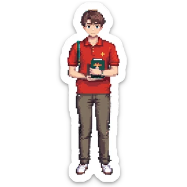 man in red polo, cross necklace, short neat hair, holding a book, standing, full body sticker