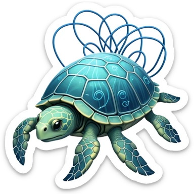A high-tech turtle made of electric wires and cables with rubber scales that reveal its electric skeleton, possessing both jellyfish-like tendrils and the ability to generate electrical pulses that illuminate the ocean depths. sticker