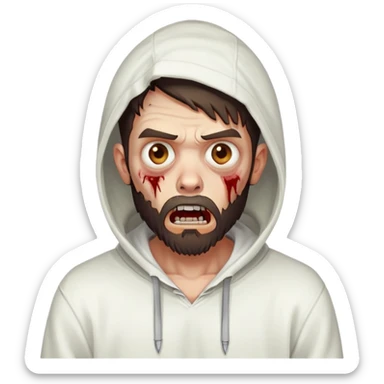 zombie with shocked expression, undercut hairstyle with dark brown hair, short full beard, wearing plain white hoodie sticker