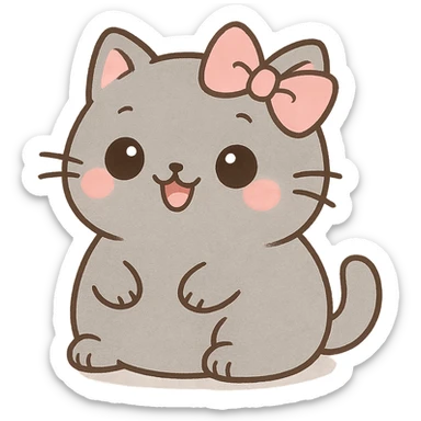 cute chubby cat with a pink bow, soft gray fur, big round eyes, happy face, kawaii style sticker