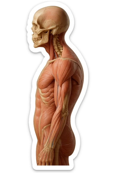 corpo UMANO ANATOMICO di profilo con spalle chiuse in avanti, postura errata, iperrealistico 4k sticker