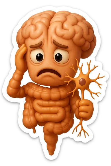 EMOJI STILE IPHONE DI UN INTESTINO collegato verticalmente ad un cervello mentre tiene in mano un neurone, espressione stressata, IPERREALISTICO 4K sticker