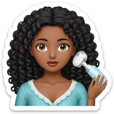 Uma boneca morena com olhos castanhos e cabelo cacheado longo preto, fazendo skin care sticker