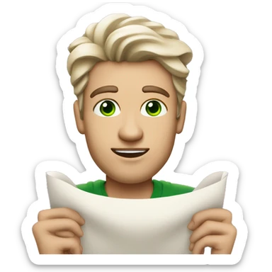 A light-skinned man with piercing green eyes, styled brown hair holding the long white paper scroll sticker