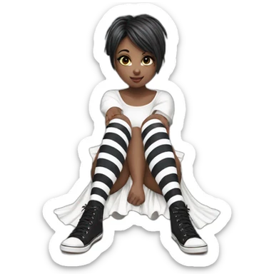 Hyperrealistic Frontal view curvy emo girl sits white skirt striped stockings hands up sticker