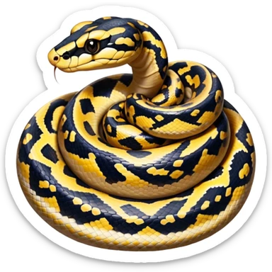 A photo-realistic top-down view of a Ball Python gently coiled into a tight spiral, with its head resting peacefully at the center. Its scales are warm brown with bold, irregular black markings, including the distinctive “alien-head” pattern, flowing smoothly along its body.  sticker