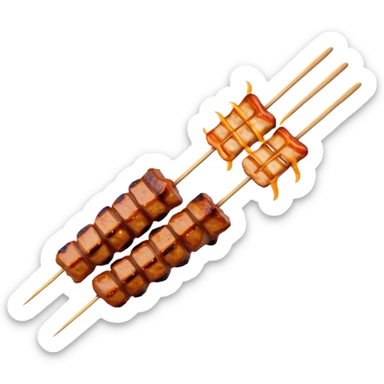 Cinematic Realistic Satay Dish Emoji, depicted as skewered, marinated meat grilled to perfection rendered with rich, smoky textures and dynamic, appetizing lighting. sticker