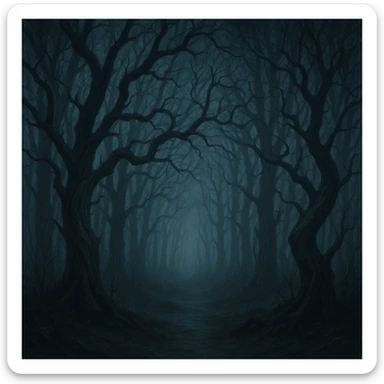 gothic woods with dark twisted trees, mist, mysterious atmosphere sticker