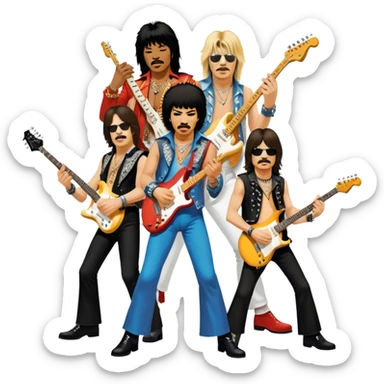Icon for Rock Music: collage of iconic rock musicians—Klaus Meine, Jimi Hendrix, Kurt Cobain, Freddie Mercury, and Ozzy Osbourne—playing electric guitars and singing on stage. Capturing the powerful energy and rebellious spirit of rock. Transparent background. sticker