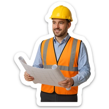 civil design engineer with safety vest and hard hat, holding plans sticker