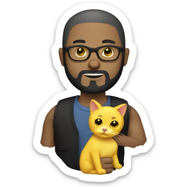A bald man with glasses and black beard holding a yellow cat in hand sticker