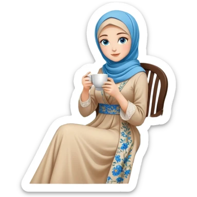Turkish beautiful finish Konya girls blue eyes with Beautiful beige floral hijab long tail dress and the two friends in a lovely garden sits on the chair on the ground and holds cup coffe with her hand  sticker