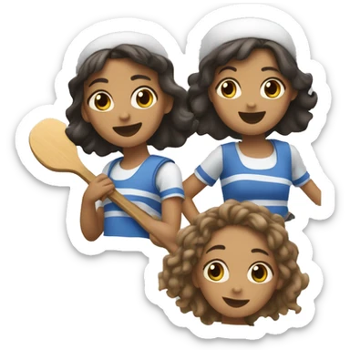 three girls each on a paddle and one of them hits one sticker