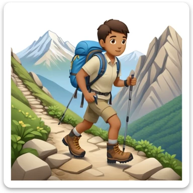 person hiking down one mountain and up another mountain sticker