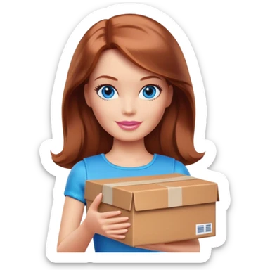 Barbie with shoulder-length reddish-brown hair in chocolate clothes holds a package box, blue eyes sticker