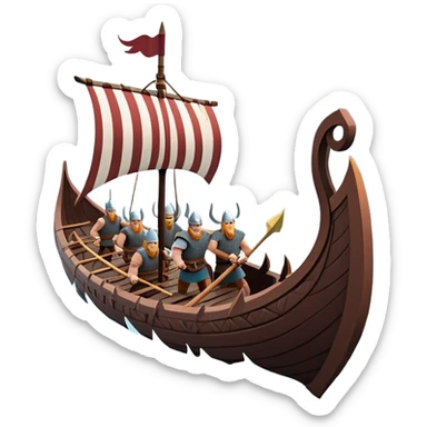 clash-of-clans-aesthetic_-cinematic-viking-longboat, rendered in a flat, bold vector style with minimal shading, featuring a striking dragon-headed prow slicing through icy, churning waters. shields on the side and vikings rowing The longboat’s intricately detailed shields and carved motifs evoke a sense of epic adventure and Nordic might, with billowing sails catching a dramatic, stormy sky backdrop. sticker