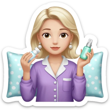Clean girl aesthetic emoticons, apply skincare products, pearl earrings, glowing skin, pajamas, soft lighting sticker