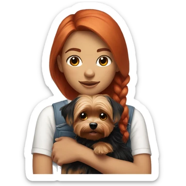 a girl with red hair and light skin up to her shoulders holds a black-golden Yorkie in her arms sticker
