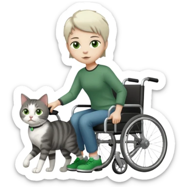 full body small short hair dark grey and white cat with green eyes walking in a wheelchair for cats sticker