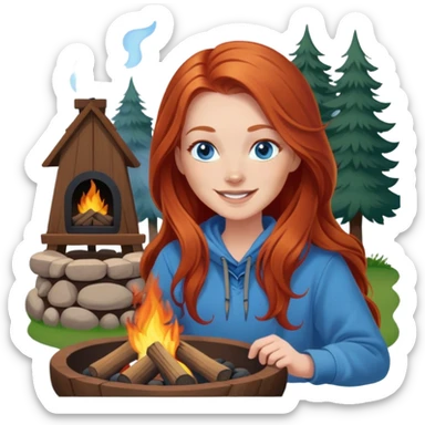 Very Happy redhead with long hair and blue eyes beside fire pit in backyard sticker