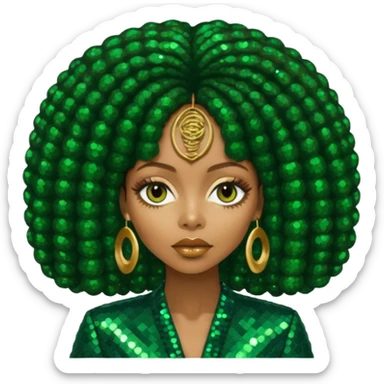 Erykah Badu with dark brown hair, dark green sequin outfit sticker