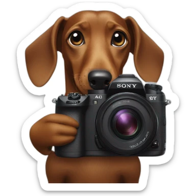 a black dachshund dog holds a SONY camera in its paws medium plan sticker