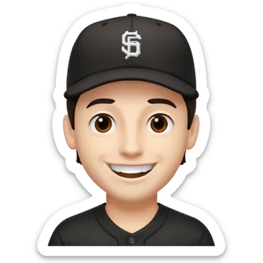 male, dark brown hair, dark brown eyes, fair skin, black baseball hat, no teeth sticker