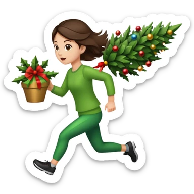 girl running and stealing christmas tree sticker