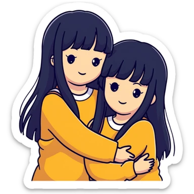 two white girls with long black hair hugging, one girl has bangs sticker