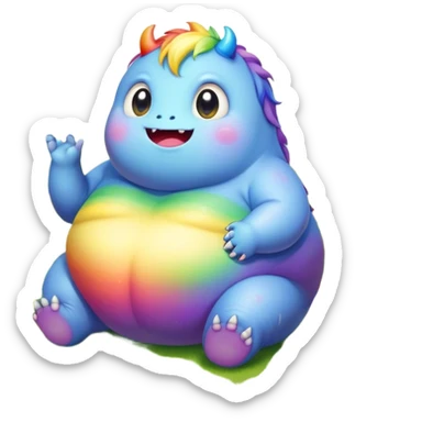 Kawaii derpy fat rainbow monster sitting in a magic field, rich textures, visually detailed, so lifelike that it feels like it could leap off the page at any moment sticker