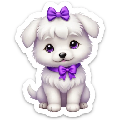 Translation: "A small white puppy with a purple bow." sticker