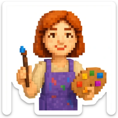 Serene female oil painter, Caucasian features, shoulder-length auburn hair, soft brown eyes, gentle smile, wearing a violet painter’s apron lightly stained with paint over a beige blouse, holding a wooden palette with vibrant colors in one hand and a brush in the other, waist-up, front-facing sticker