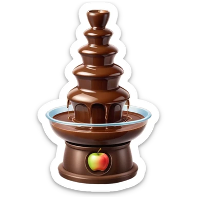 3D render of Chocolate Fountain, made entirely of dessert materials, glistening sugar crystal texture, flowing liquid dark brown chocolate, delicious confectionery aesthetic, Apple emoji style, isolated on white background --v 6.0. sticker