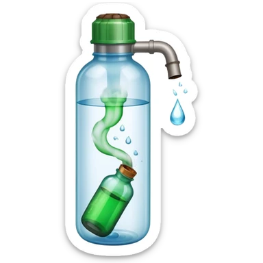 Plastikowa butelka po wodzie, wypełniona w środku zielonym dymem i zakrętka od butelki ma wbitą lufkę z tytoniem sticker