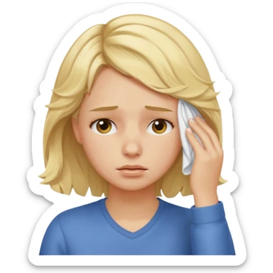tired blond girl with lightly wavy hair, wipes away sweats from the forehead sticker
