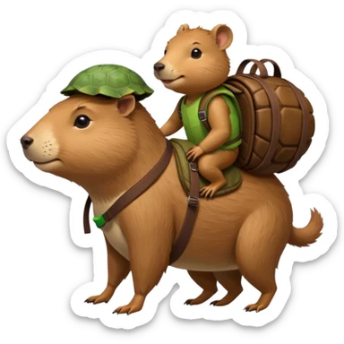 Capibara con mochila de tortuga y un perro en la cabeza  sticker