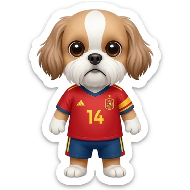 white and light brown shih zhu wearing a Spain soccer jersey v neck 2026 work cup sticker