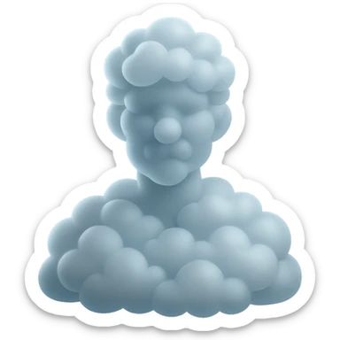 shoulder-up portrait of a person facing forward, fully composed of bright, convex clouds with glossy effect, matte glass style sticker